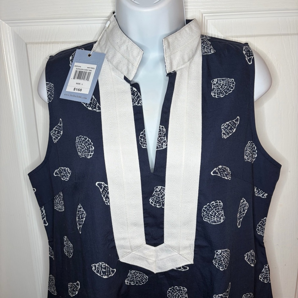 Sail to Sable Seashell Print Signature Mini Caftan Cotton Dress Mini Navy L NWT - Picture 6 of 13